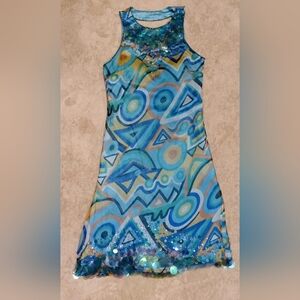 Sue Wong Retro Style Blue Patterned Silk Mini Dress Sz 6